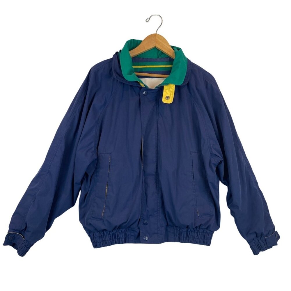 90s Oceanside Windbreaker Jacket Nautical Blue Striped Lining Hooded